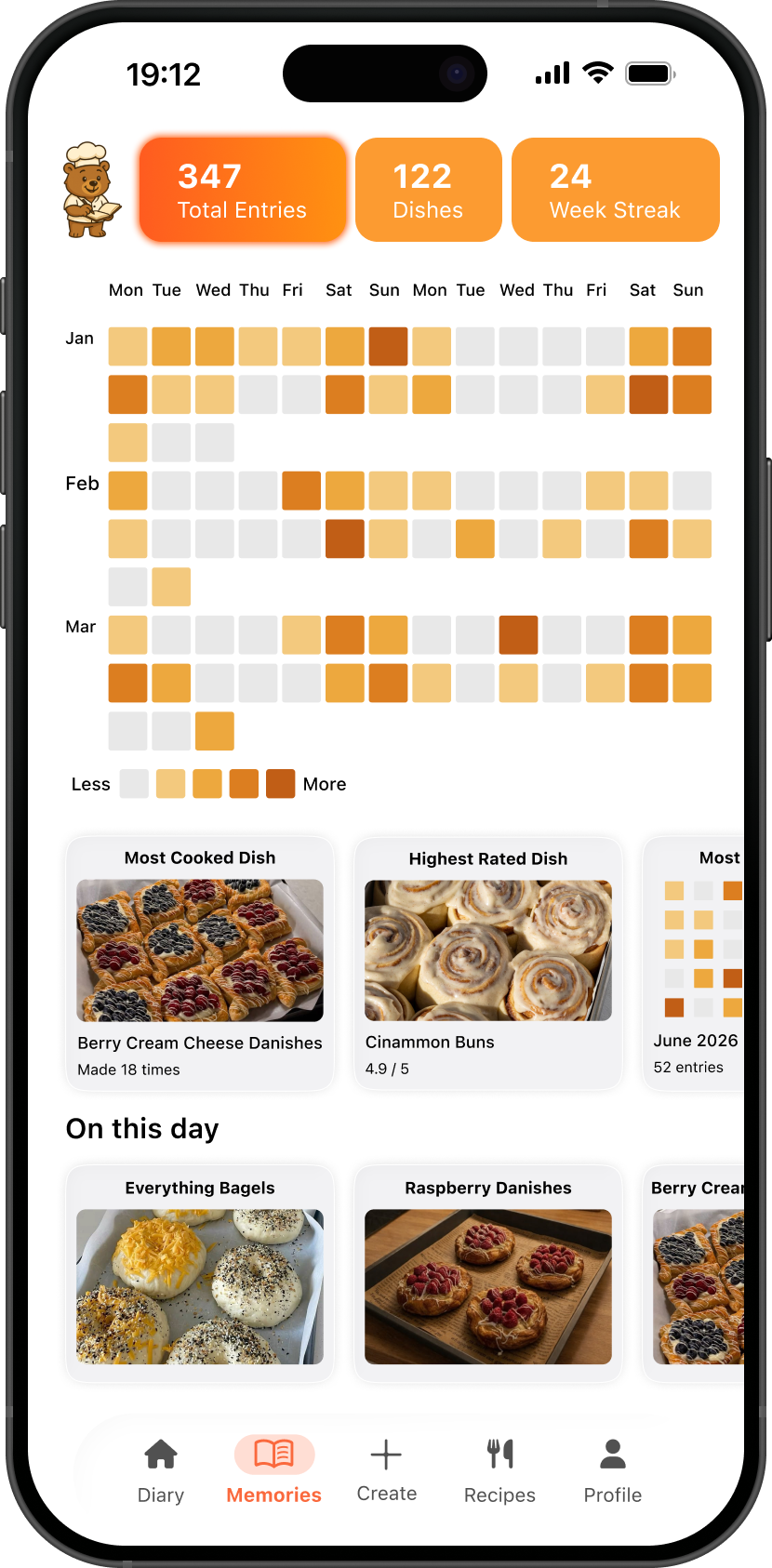 CookDiary Memories tab showing your cooking history heatmap and stats